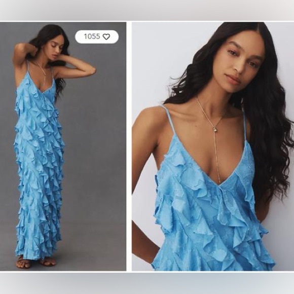 BHLDN Dresses & Skirts - NWT Anthropologie BHLDN Jia Printed Bias-Cut Ruffled V-Neck Gown Maxi Blue Sz 4